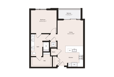 Deco A1-3 Floor Plan 1 Bedroom 1 Bathroom 798 square feet